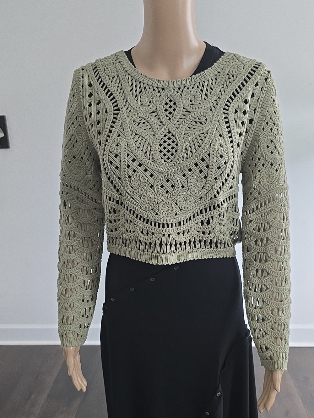 ba&sh Sage Green Crochet Openwork Crewneck Sweater
